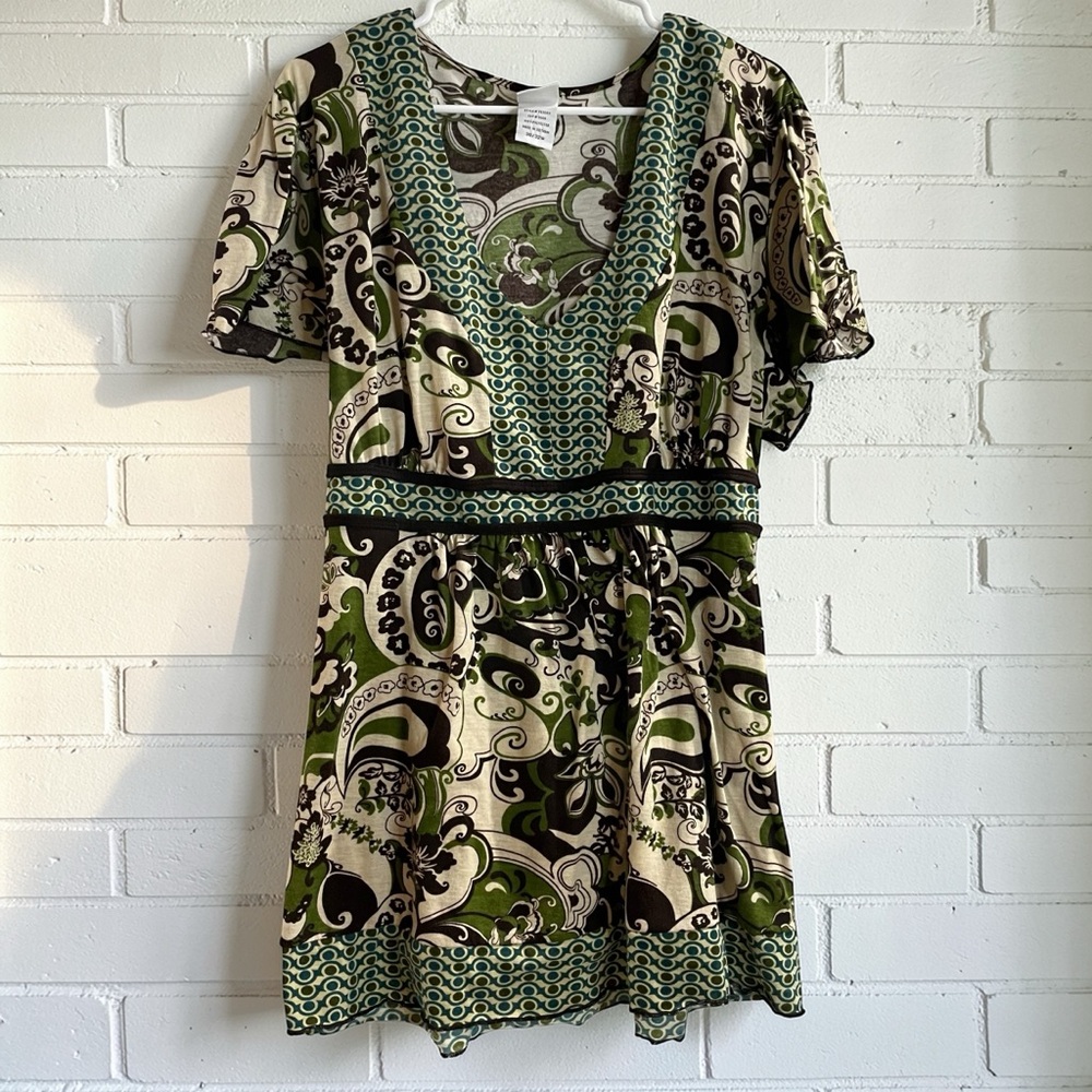 Boho Y2K Paisley Print Tunic Top Plus Size 3X 4X Retro Green Brown V Neck